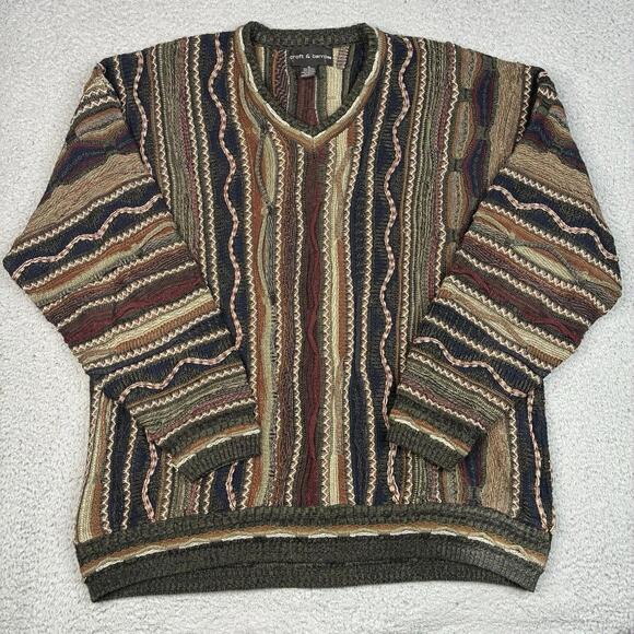 Vintage 3D Cable Knit V-Neck Sweater Croft & Barrow Coogi Style Biggie Cosby XL